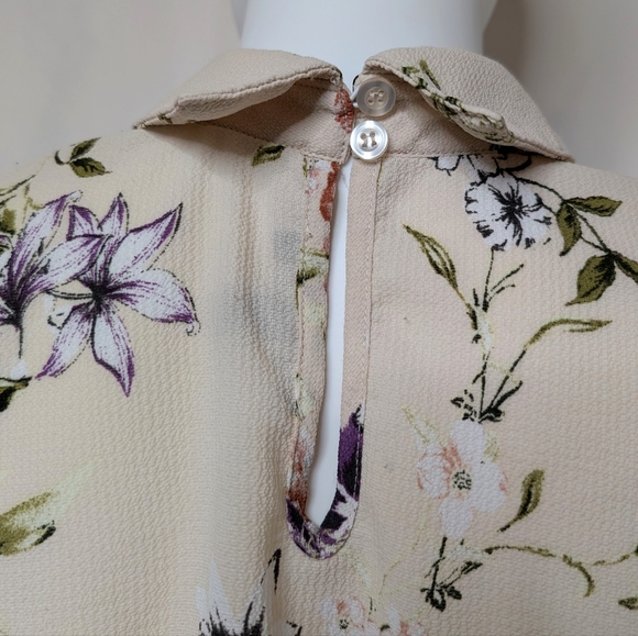 Semi Sheer Textured Cream Multi Color Floral Short Puff Sleeve Collared Blouse - Picture 8 of 8